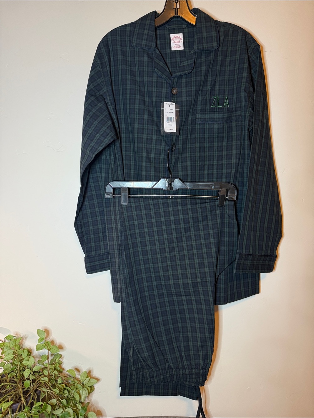 Brooks Brothers Green and Navy Plaid Kids Pajama Set with Monogram